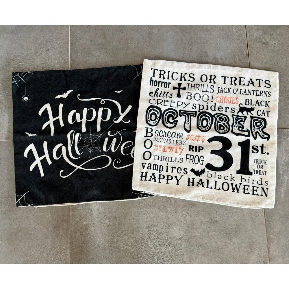 Unbranded Halloween Pillow Covers Set of 2 18x18 Black Cream Excellent Spooky